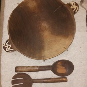 Tribal Wooden Serving Set with Brown Accents